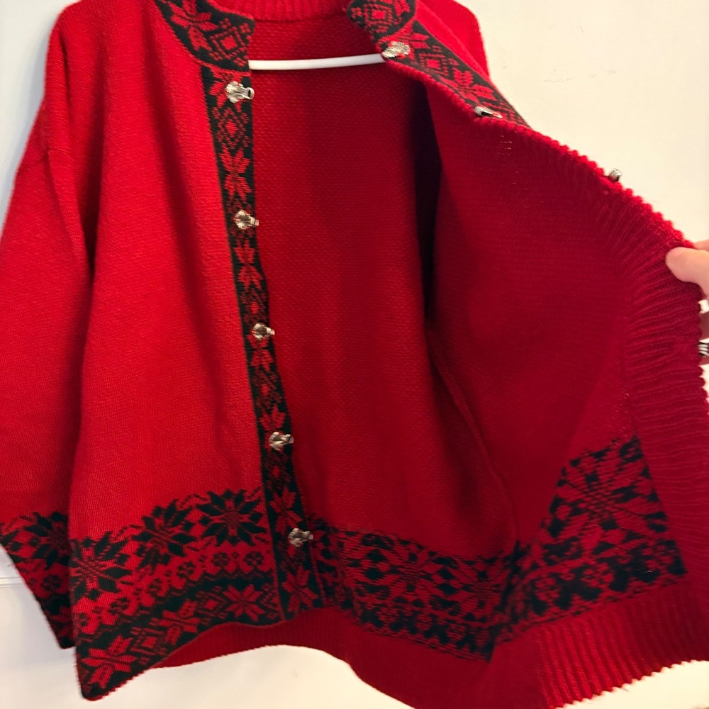 Vintage Norwegian Red Fair Isle Cardigan Sweater Metal Clasps Nordic Winter XL - Picture 6 of 10